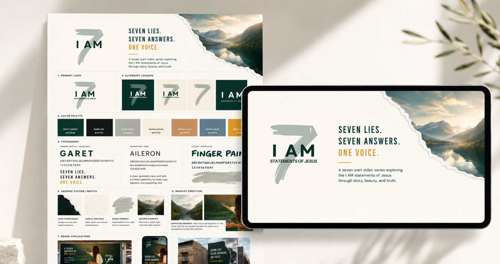 Seven I AM brand guide, logo, alternate lockups, color palette, typography, motifs, and brand applications.