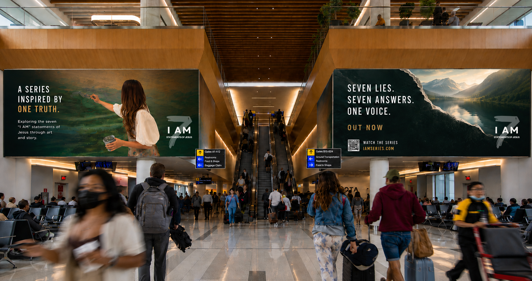 Seven I AM out-of-home takeover inside an airport terminal.