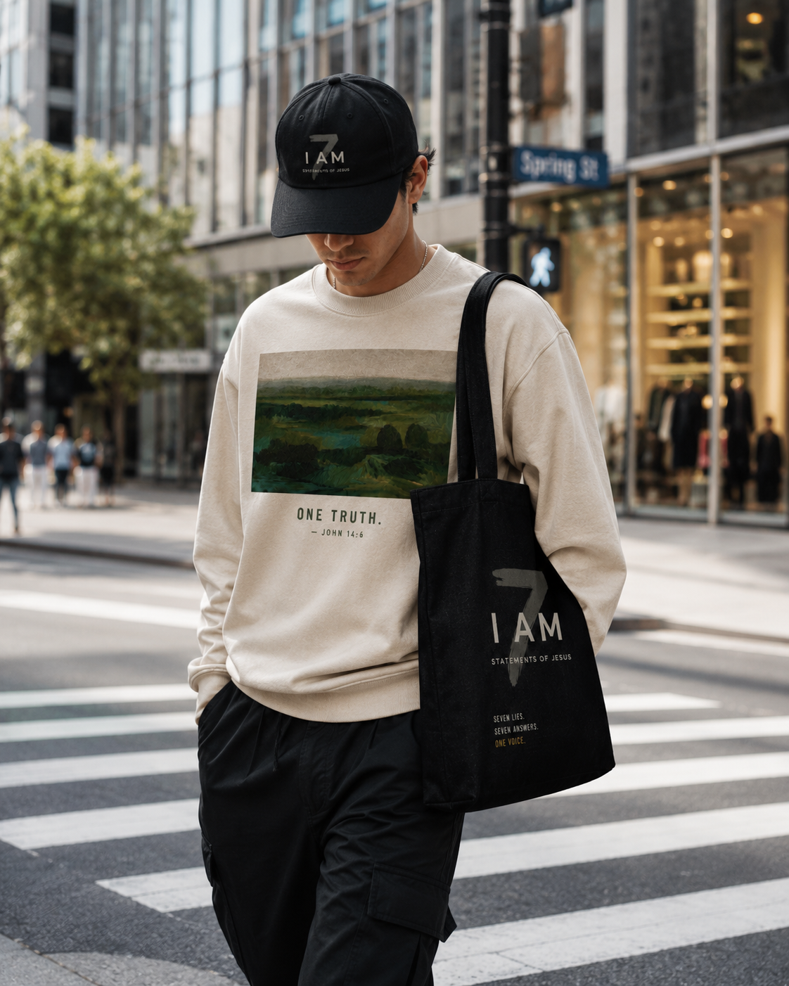 Seven I AM merch worn on the street, cap, crewneck, and tote.
